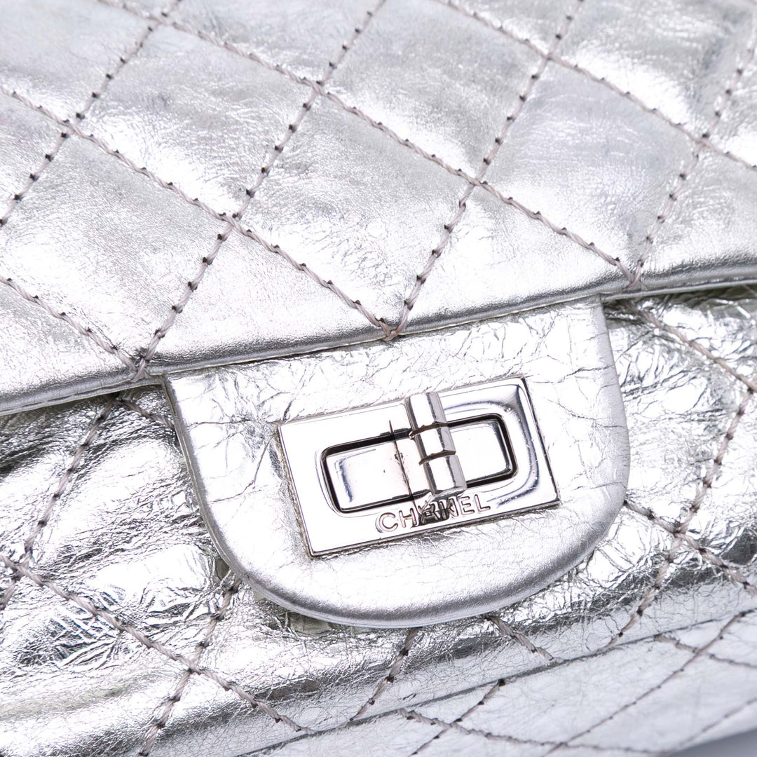 Mini Reissue 2.55 Metallic Aged Calfskin Double Flap 224 Silver - Gaby Paris