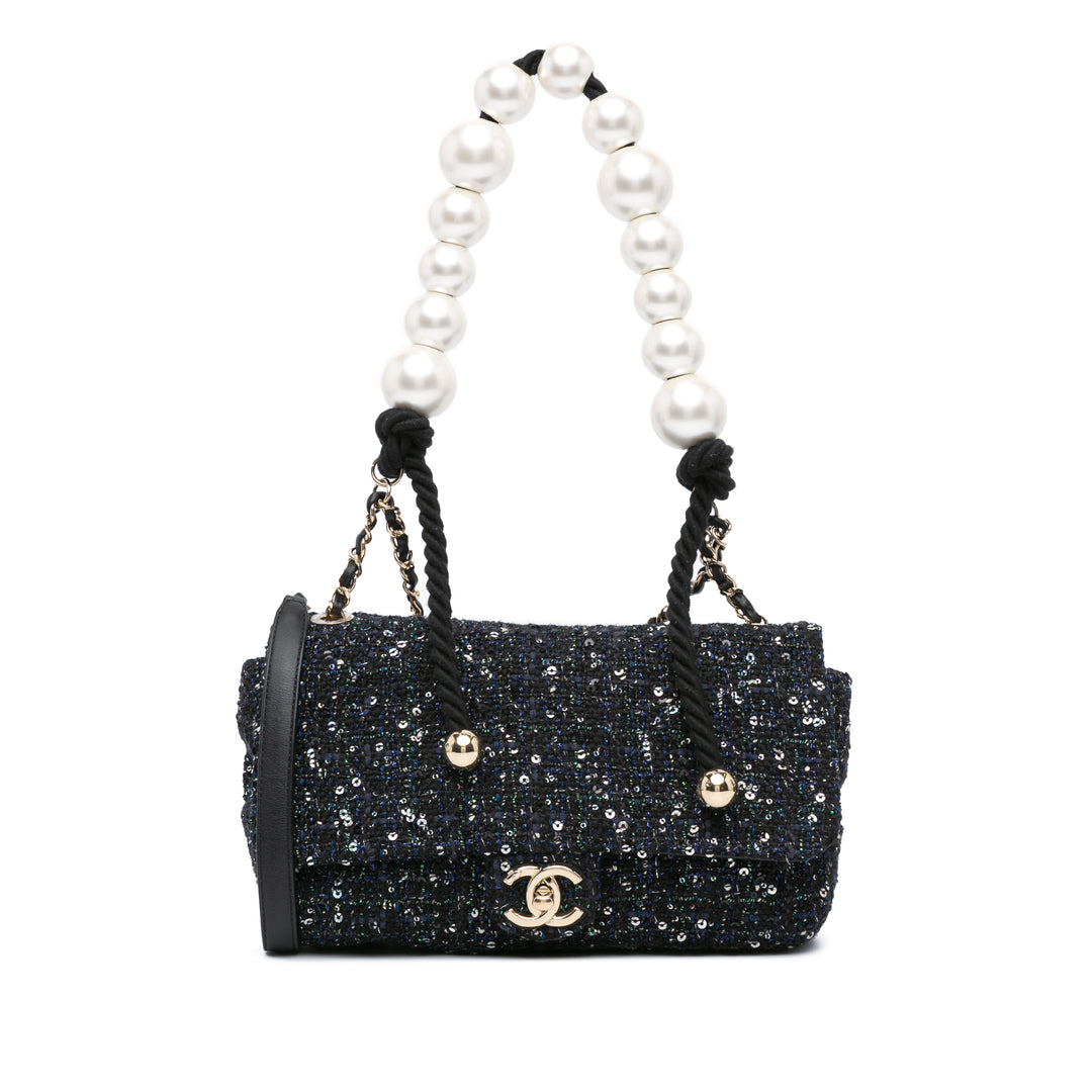 Medium Tweed Pearl Handle Flap Blue - Gaby Paris