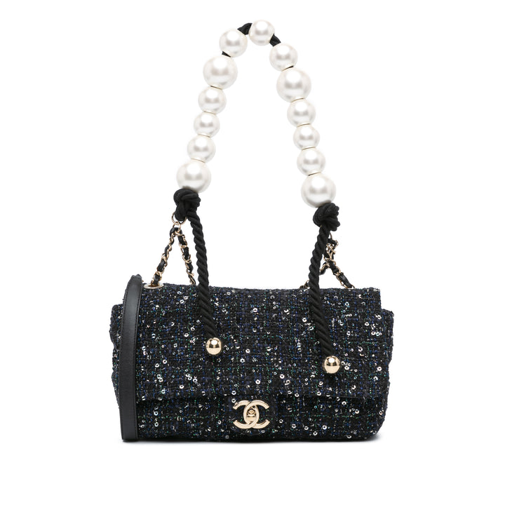 Medium Tweed Pearl Handle Flap Blue - Gaby Paris