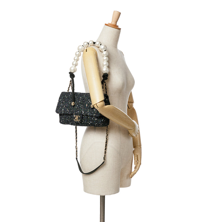 Medium Tweed Pearl Handle Flap Blue - Gaby Paris