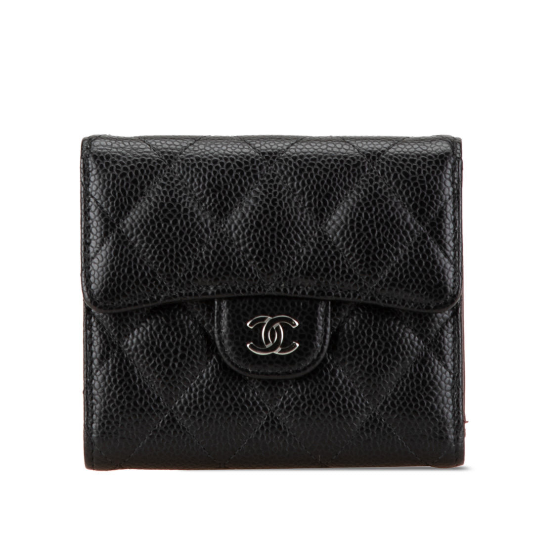 CC Quilted Caviar Compact Flap Wallet Black - Gaby Paris