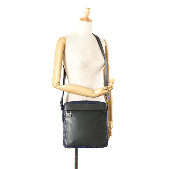 Intrecciato Trimmed Leather Crossbody Black - Gaby Paris