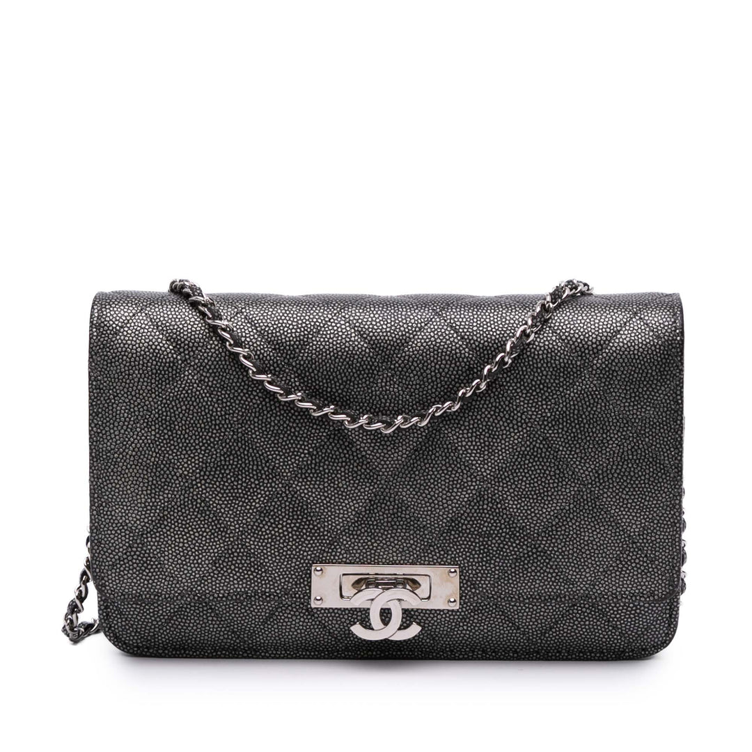 Quilted Metallic Caviar Golden Class Wallet On Chain Black - Gaby Paris