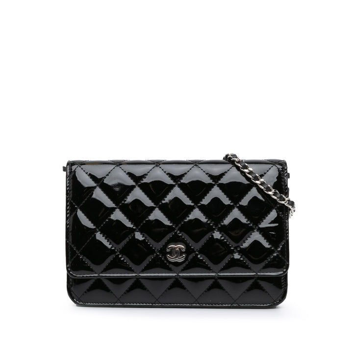 CC Quilted Patent Wallet On Chain Black - Gaby Paris