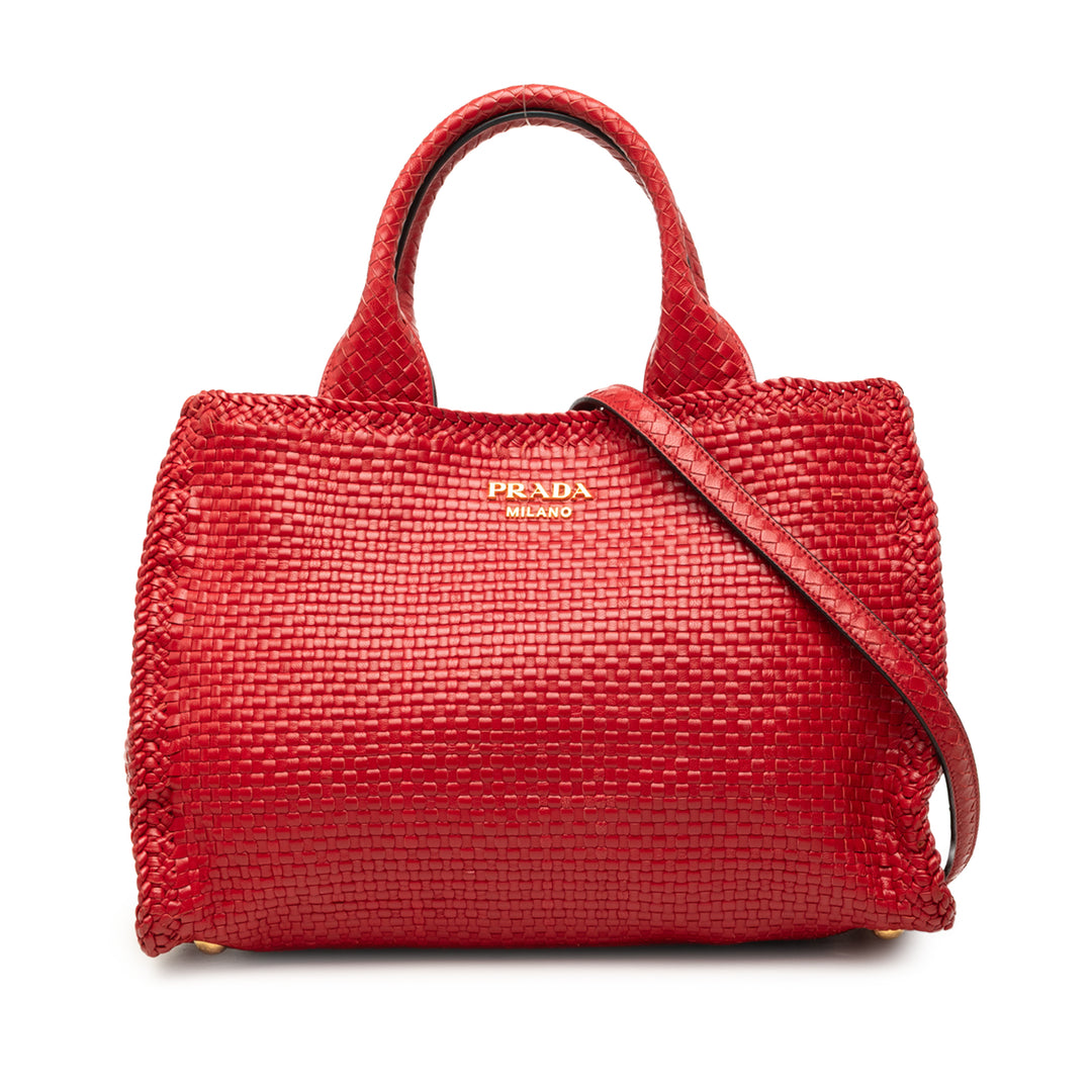 Prada Tissé Madras Sac Petit Cuir de chèvre Rouge – vue principale – GABY PARIS