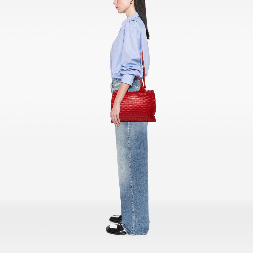 Prada Tissé Madras Sac Petit Cuir de chèvre Rouge – vue 6 – GABY PARIS