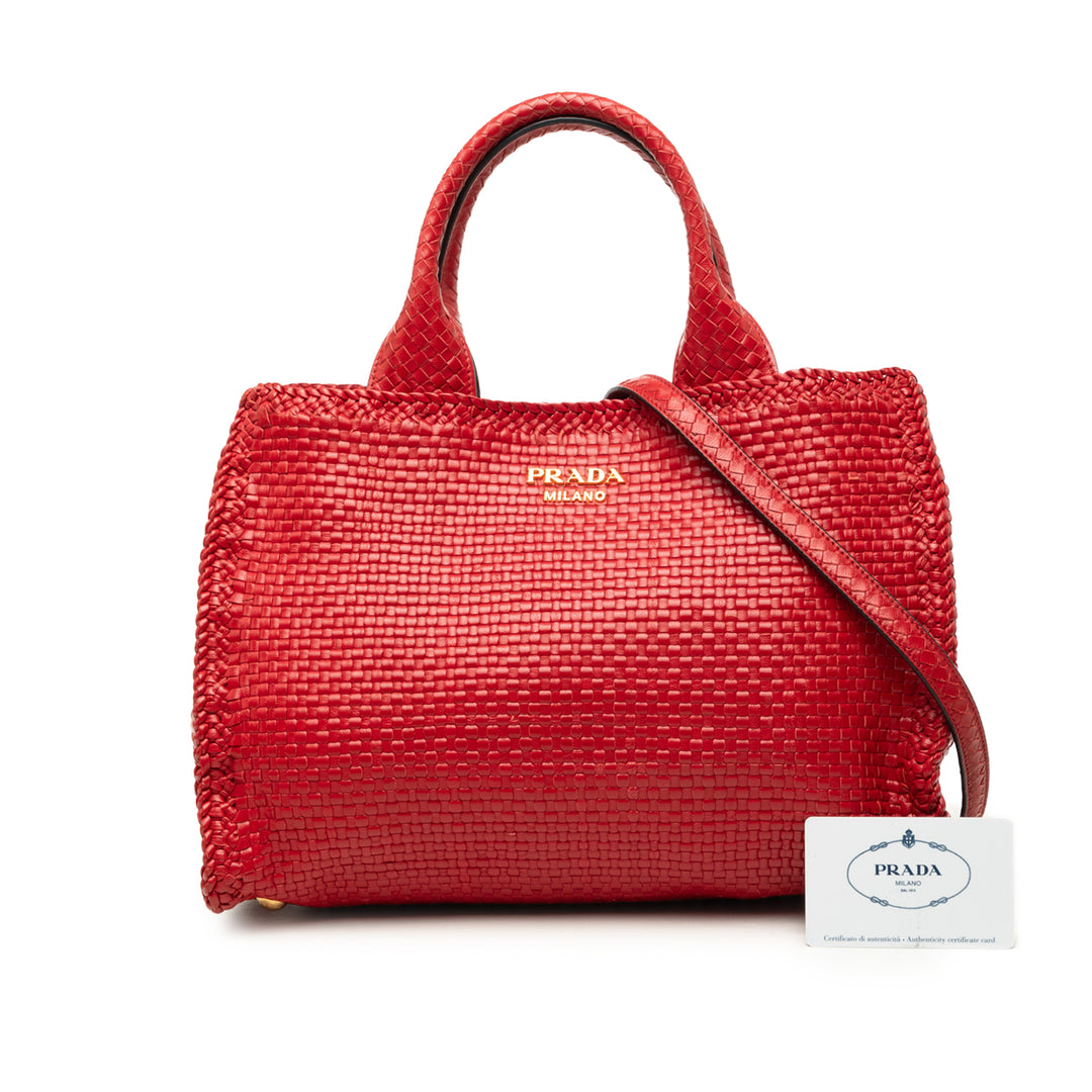 Prada Tissé Madras Sac Petit Cuir de chèvre Rouge – vue 7 – GABY PARIS