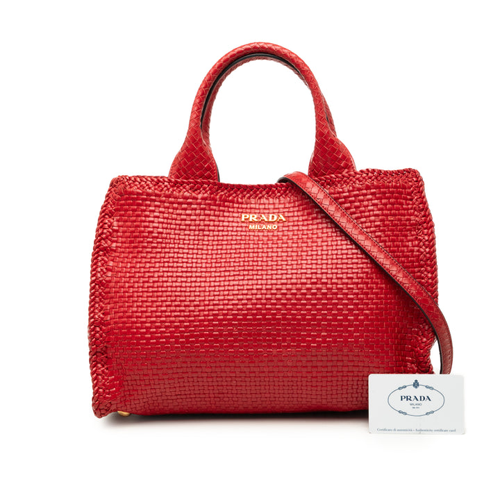 Prada Tissé Madras Sac Petit Cuir de chèvre Rouge – vue 7 – GABY PARIS