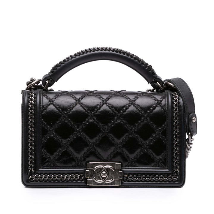 Chanel Medium Quilted Cuir de veau Whipstitch Chain Around Boy Top Handle Flap Noir – GABY PARIS Authentique