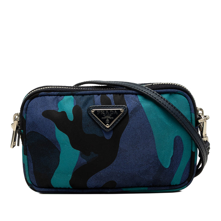 Prada Camouflage Double Zippé Sac caméra Mini Tessuto Bleu – vue principale – GABY PARIS