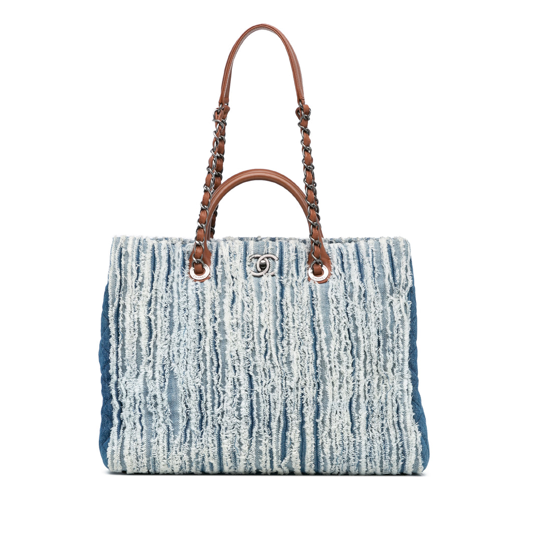 Large Fringed Denim Shopping Tote Blue - Gaby Paris