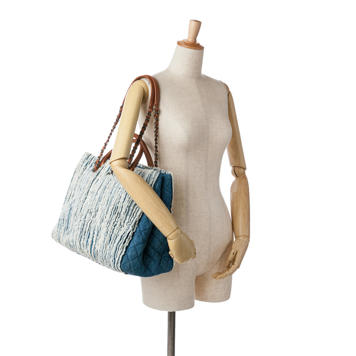 Large Fringed Denim Shopping Tote Blue - Gaby Paris