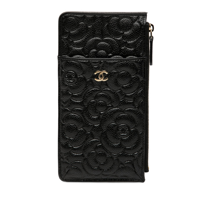 Chanel CC embossé Caviar Camellia Flat Phone Étui Wallet Pochette