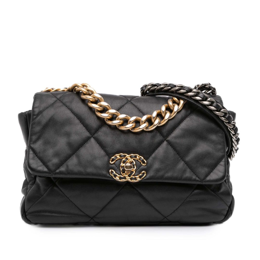 Chanel 19 à rabat Grand Cuir d'agneau Noir – vue principale – GABY PARIS
