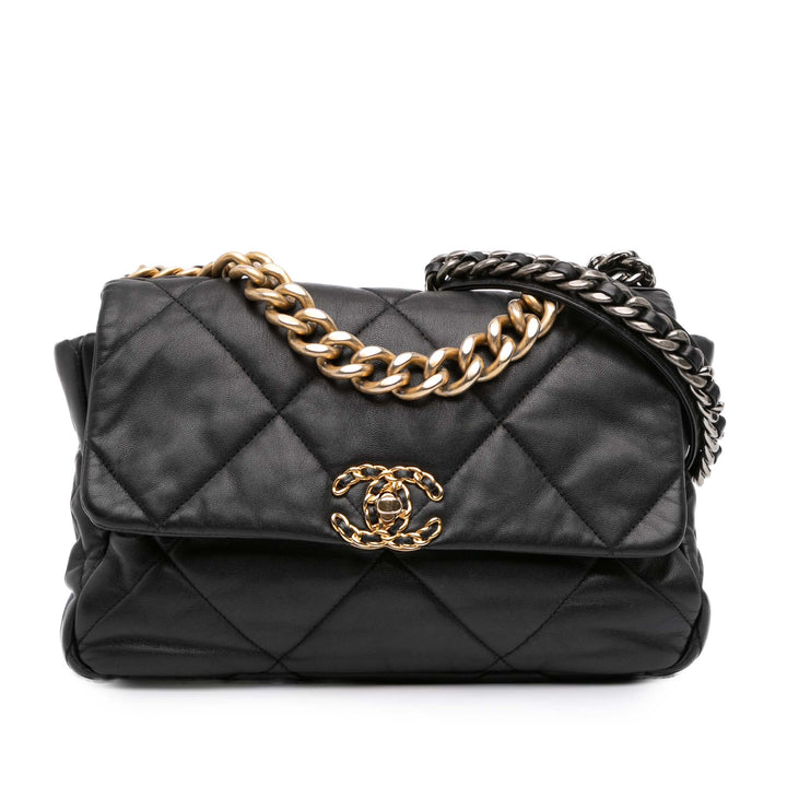 Chanel 19 à rabat Grand Cuir d'agneau Noir – vue principale – GABY PARIS