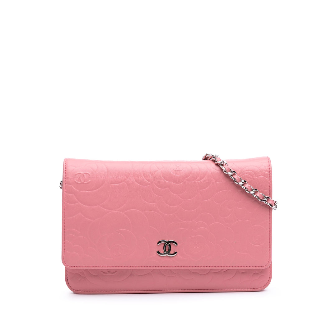 Embossed Lambskin Camellia Wallet On Chain Pink - Gaby Paris