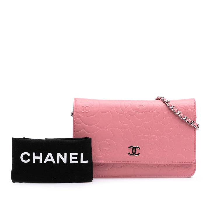 Embossed Lambskin Camellia Wallet On Chain Pink - Gaby Paris