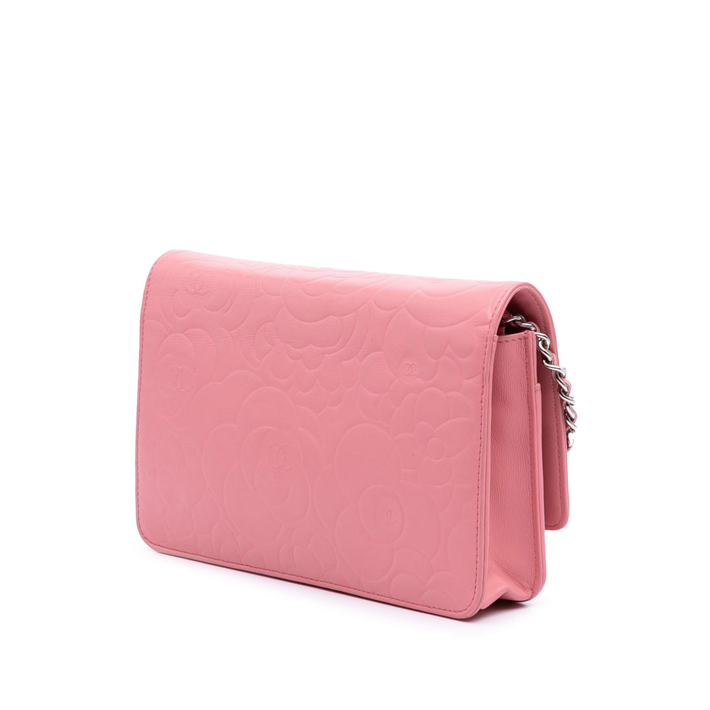 Embossed Lambskin Camellia Wallet On Chain Pink - Gaby Paris