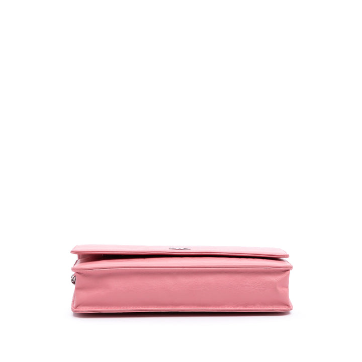 Embossed Lambskin Camellia Wallet On Chain Pink - Gaby Paris
