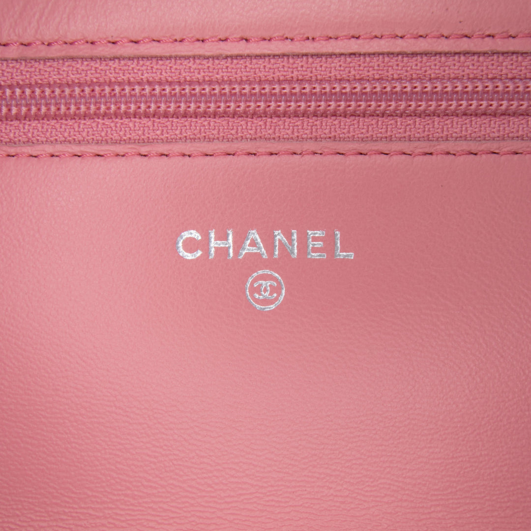 Embossed Lambskin Camellia Wallet On Chain Pink - Gaby Paris