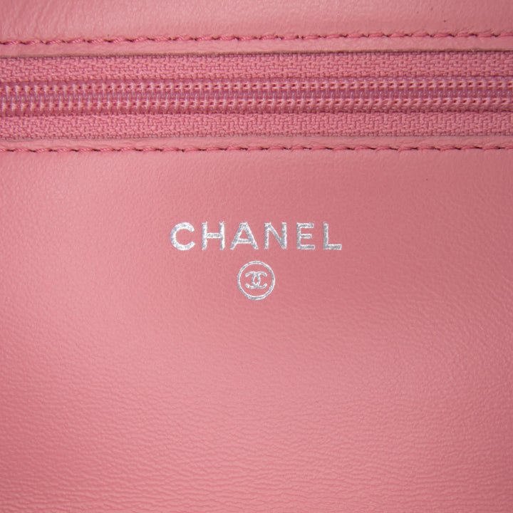 Embossed Lambskin Camellia Wallet On Chain Pink - Gaby Paris