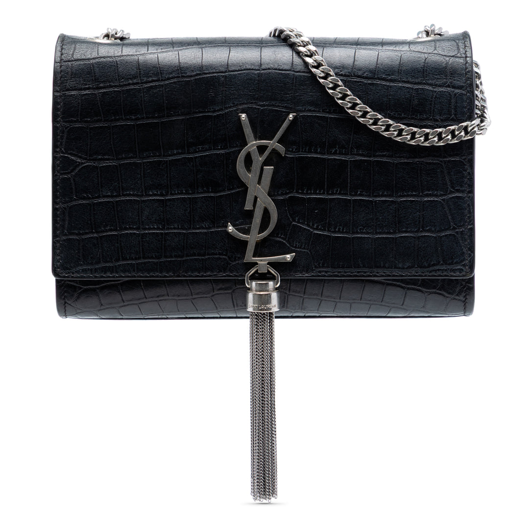 Saint Laurent Croc embossé Cuir Monogram Kate Pompon Wallet on Chain