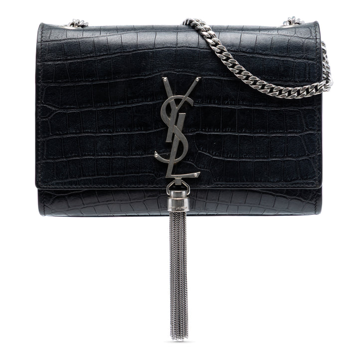 Saint Laurent Croc embossé Cuir Monogram Kate Pompon Wallet on Chain