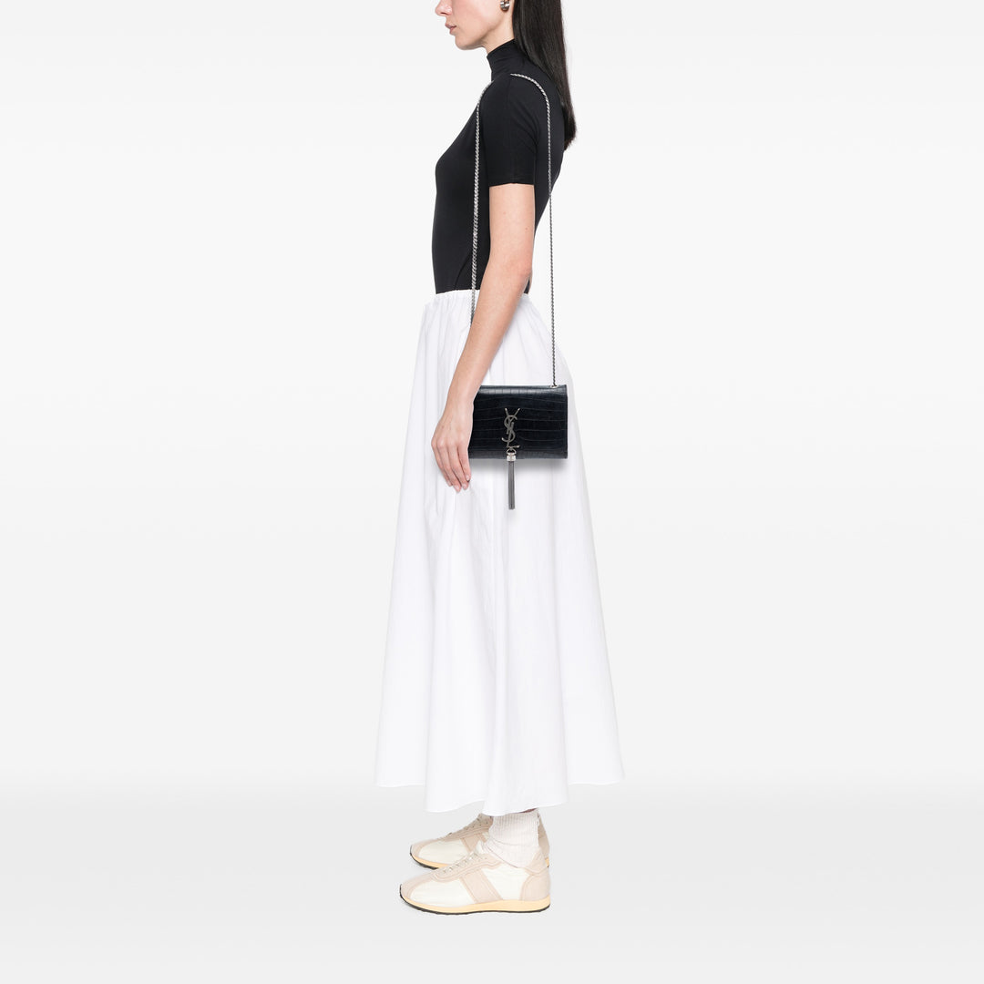 Saint Laurent Croc embossé Cuir Monogram Kate Pompon Wallet on Chain