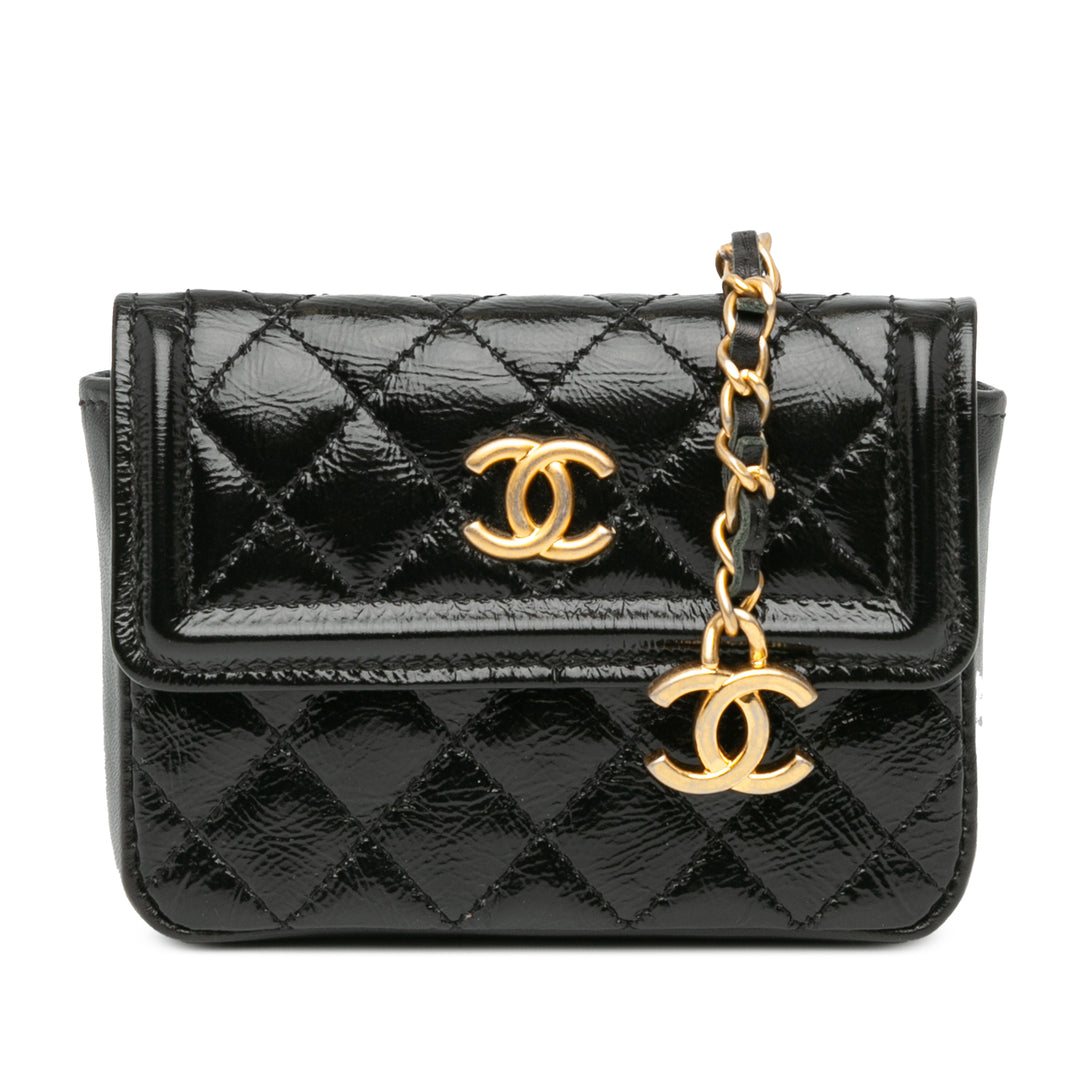 Mini Quilted Aged Calfskin Card Holder On Chain Belt Bag Black - Gaby Paris