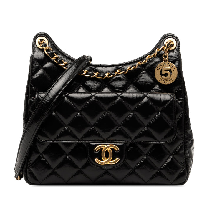 Chanel Medium Shiny Crumpled Cuir de veau Wavy CC Hobo Noir