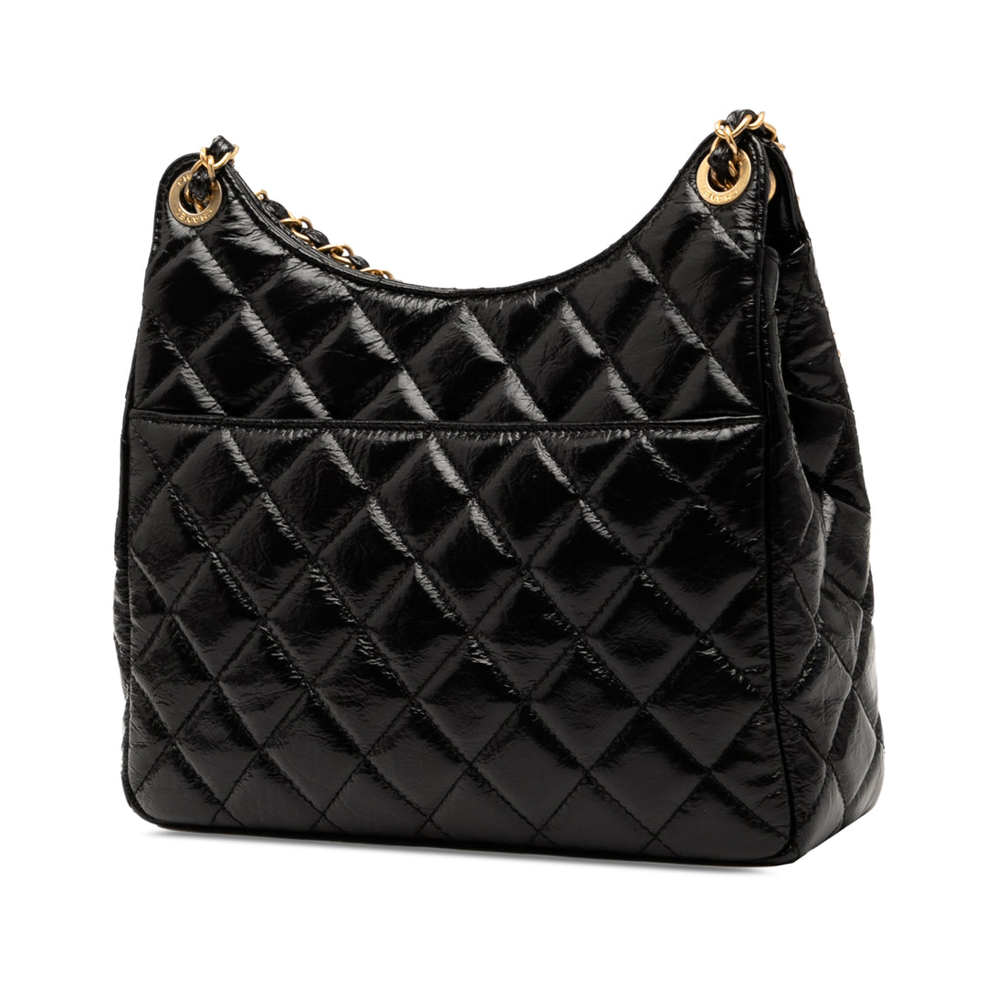 Chanel Medium Shiny Crumpled Cuir de veau Wavy CC Hobo Noir