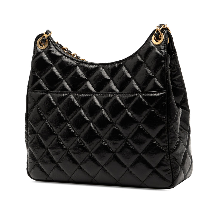 Chanel Medium Shiny Crumpled Cuir de veau Wavy CC Hobo Noir