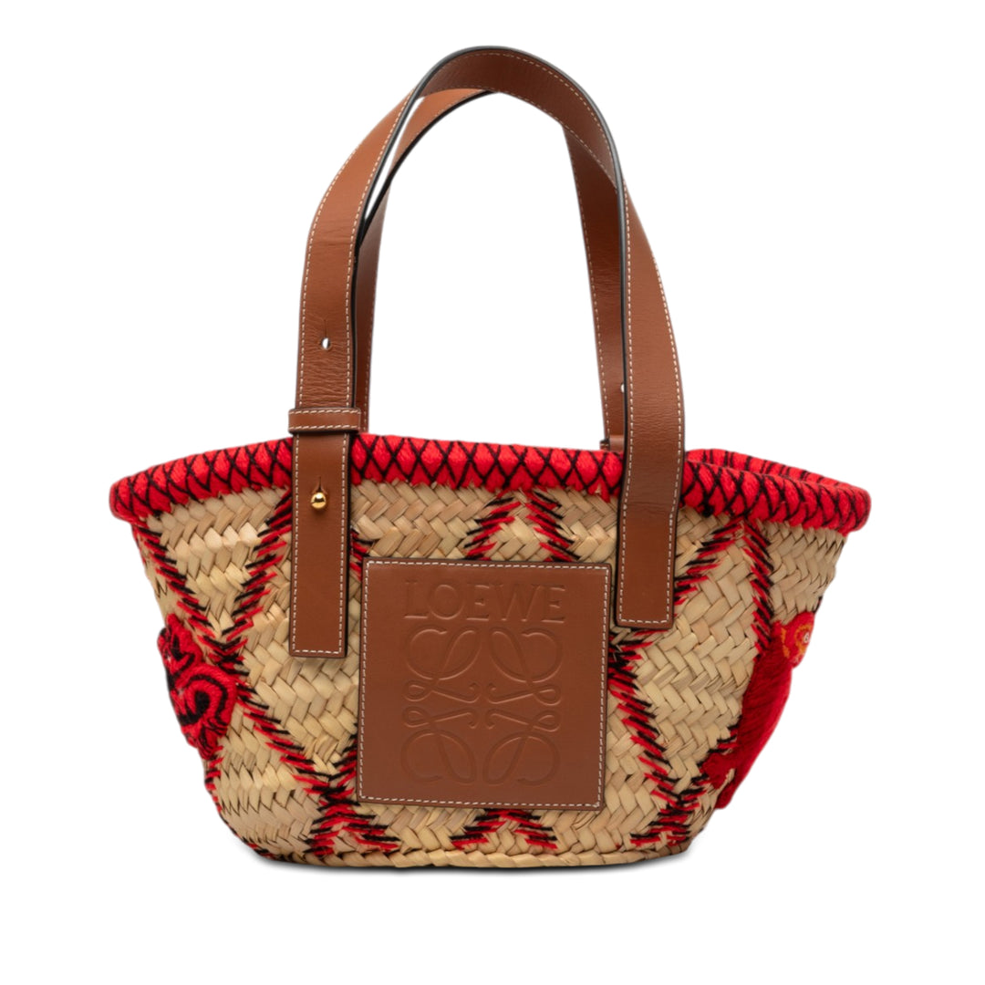 LOEWE Small Raffia Animal brodé Basket Cabas