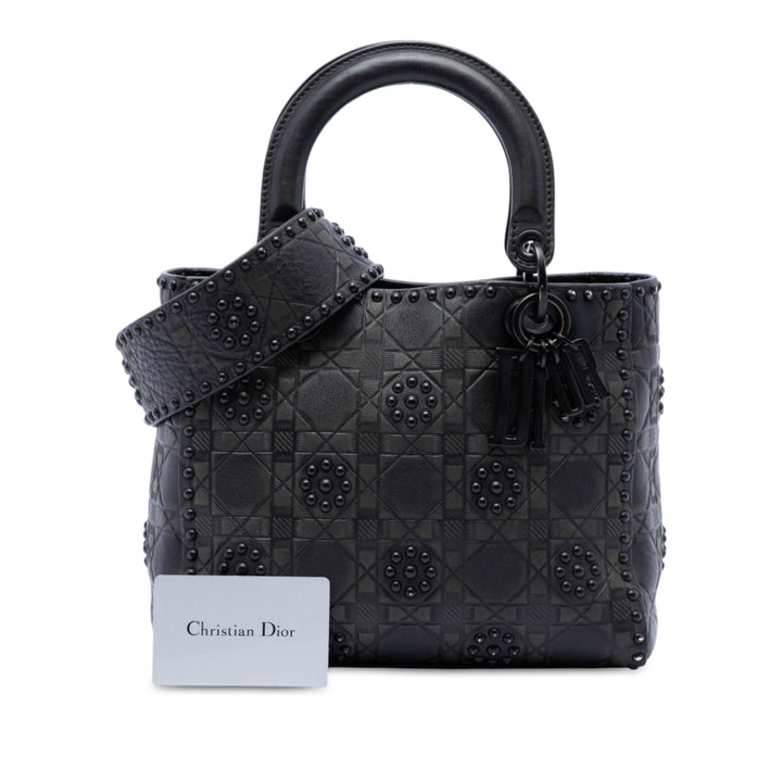 Dior Lady Dior Ultra Matte Cannage clouté Souple Moyen Cuir de veau Noir