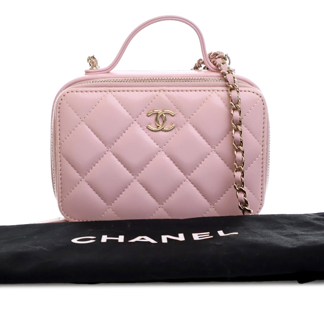 Chanel Mini CC Glazed Cuir de veau Double Zip Top Handle Vanity Étui Rose