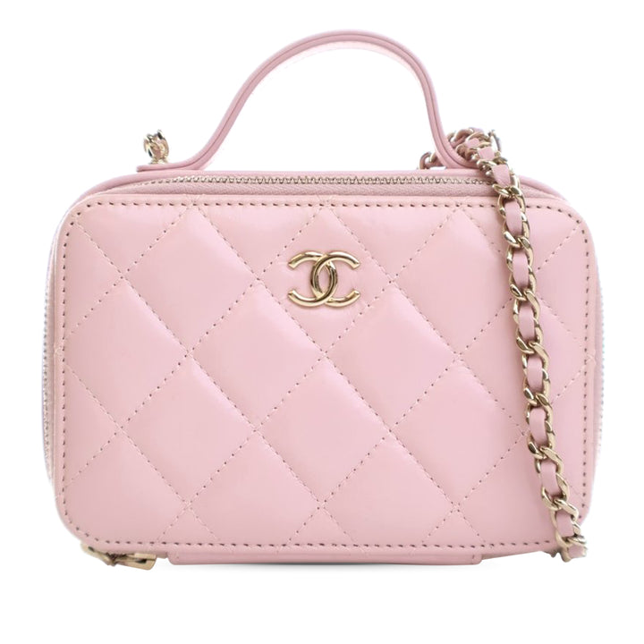 Chanel Mini CC Glazed Cuir de veau Double Zip Top Handle Vanity Étui Rose