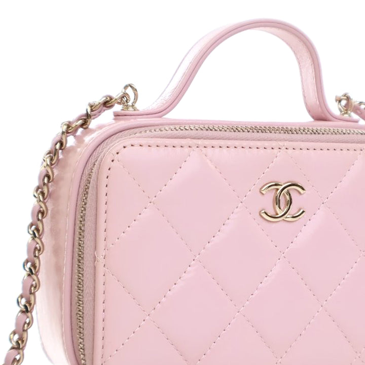 Chanel Mini CC Glazed Cuir de veau Double Zip Top Handle Vanity Étui Rose