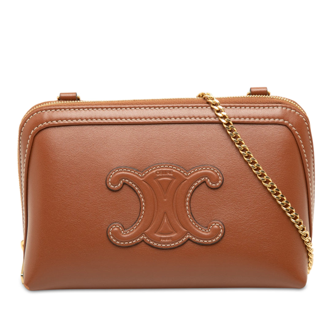 Celine Pochette Triomphe avec chaîne Cuir de veau lisse Marron – vue principale – GABY PARIS