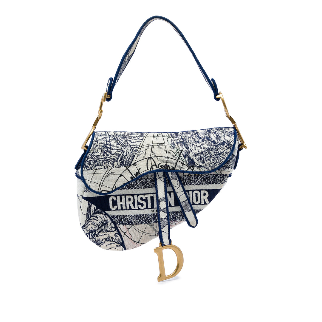 Dior brodé Around the World Saddle Sac Bleu – vue principale – GABY PARIS