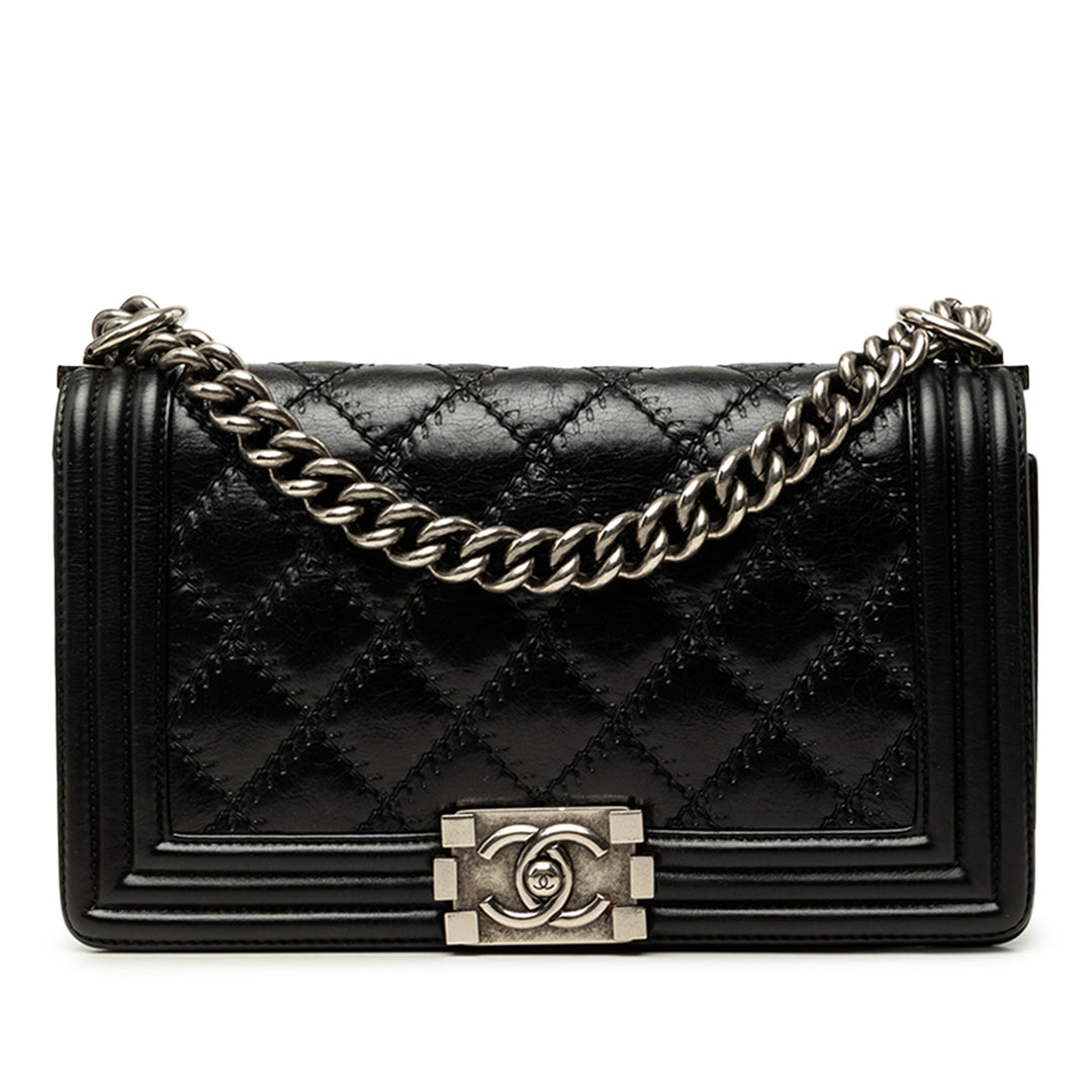 Chanel Matelassé Double Stitch Boy à rabat Moyen Cuir d'agneau Noir – vue principale – GABY PARIS