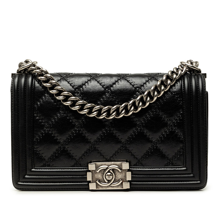 Chanel Matelassé Double Stitch Boy à rabat Moyen Cuir d'agneau Noir – vue principale – GABY PARIS