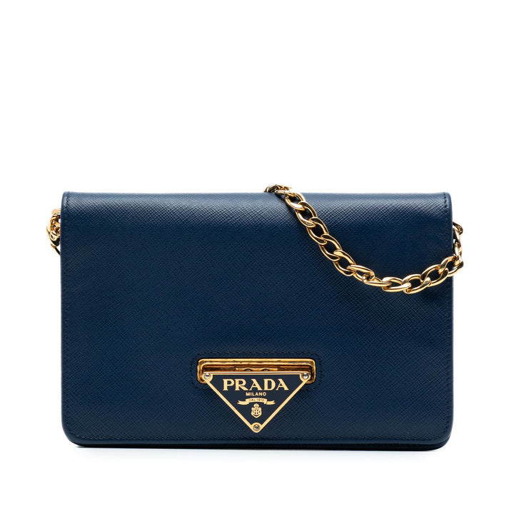 Prada Saffiano Lux Flip Lock Wallet on Chain Bleu