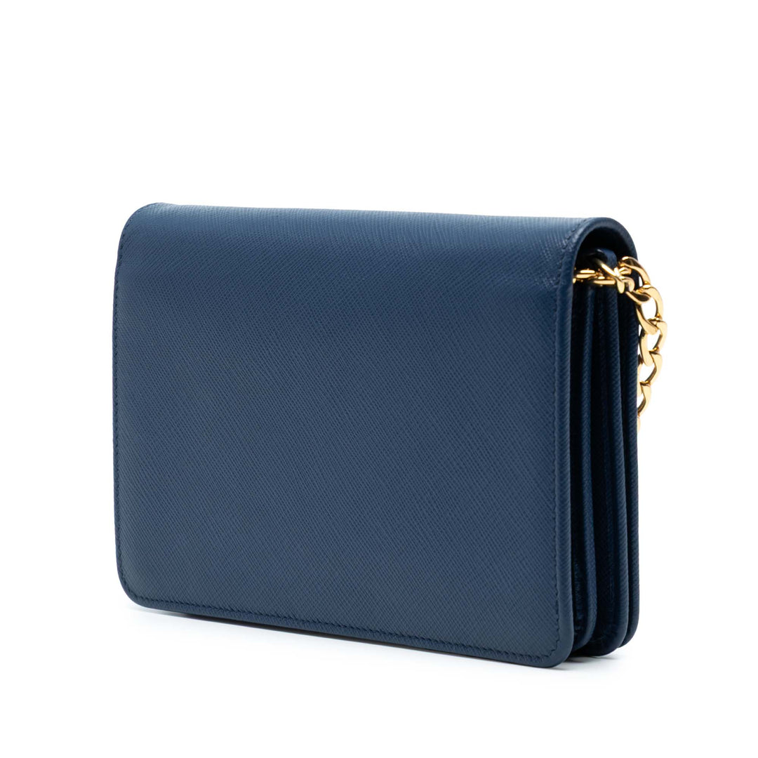 Prada Saffiano Lux Flip Lock Wallet on Chain Bleu
