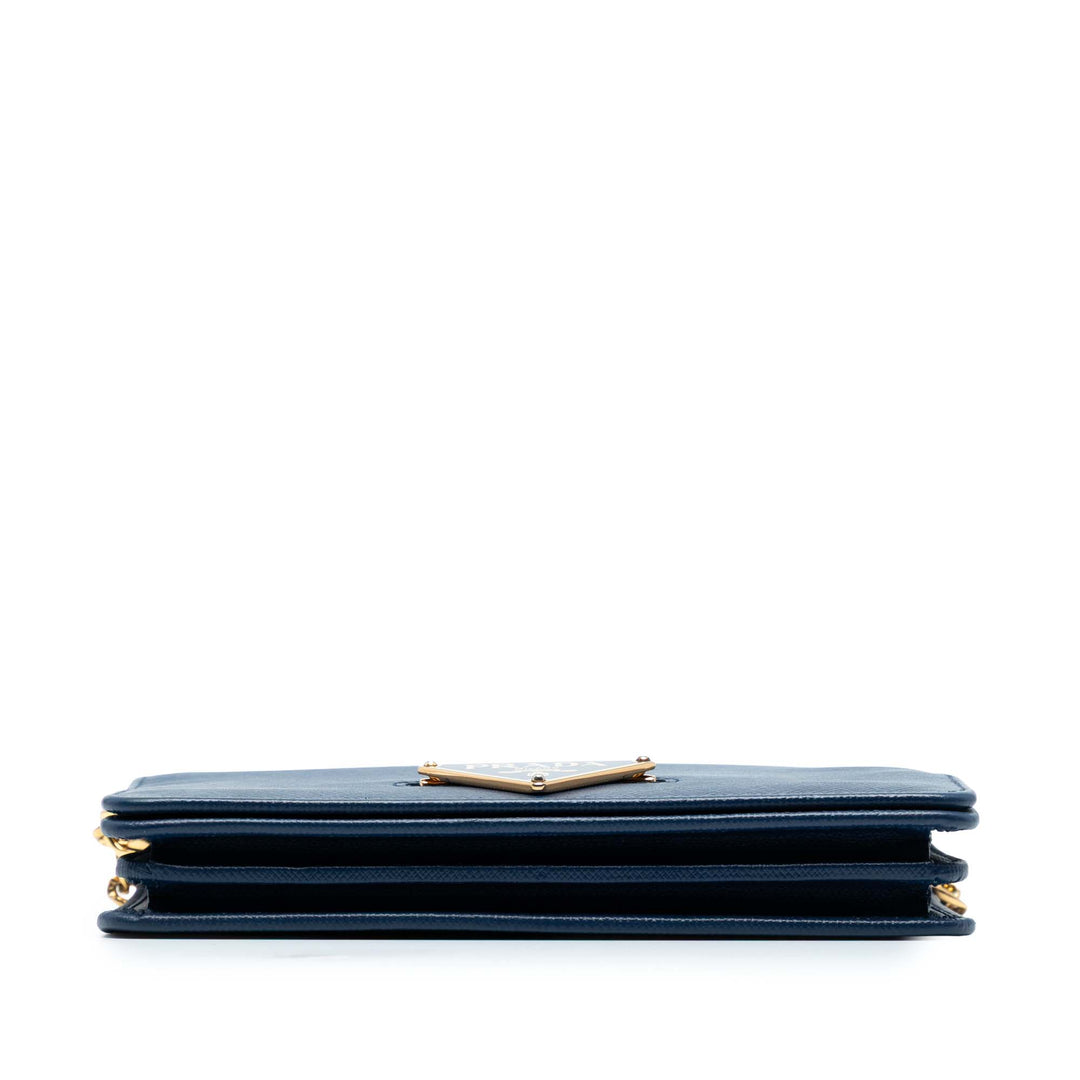 Prada Saffiano Lux Flip Lock Wallet on Chain Bleu
