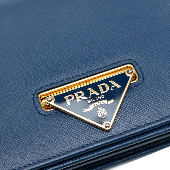 Prada Saffiano Lux Flip Lock Wallet on Chain Bleu