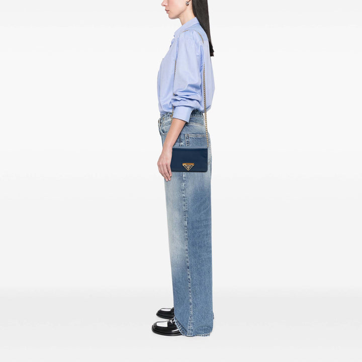 Prada Saffiano Lux Flip Lock Wallet on Chain Bleu