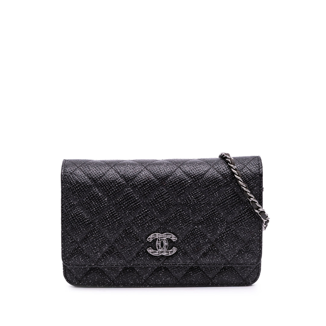 CC Quilted Glittered Calfskin Wallet On Chain Black - Gaby Paris