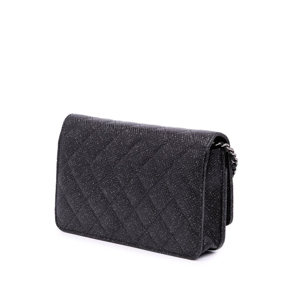 CC Quilted Glittered Calfskin Wallet On Chain Black - Gaby Paris