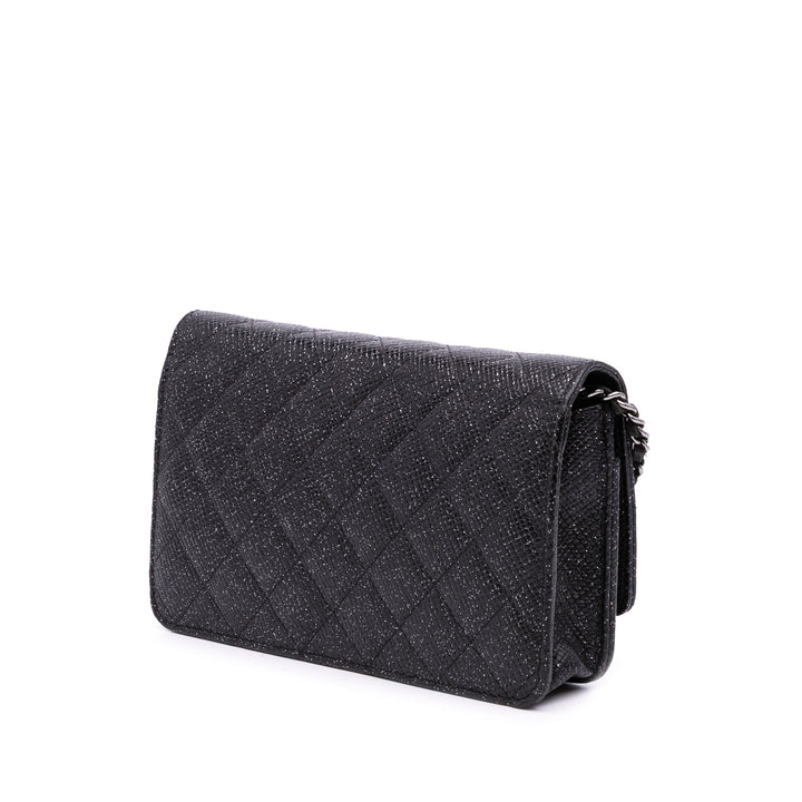 CC Quilted Glittered Calfskin Wallet On Chain Black - Gaby Paris