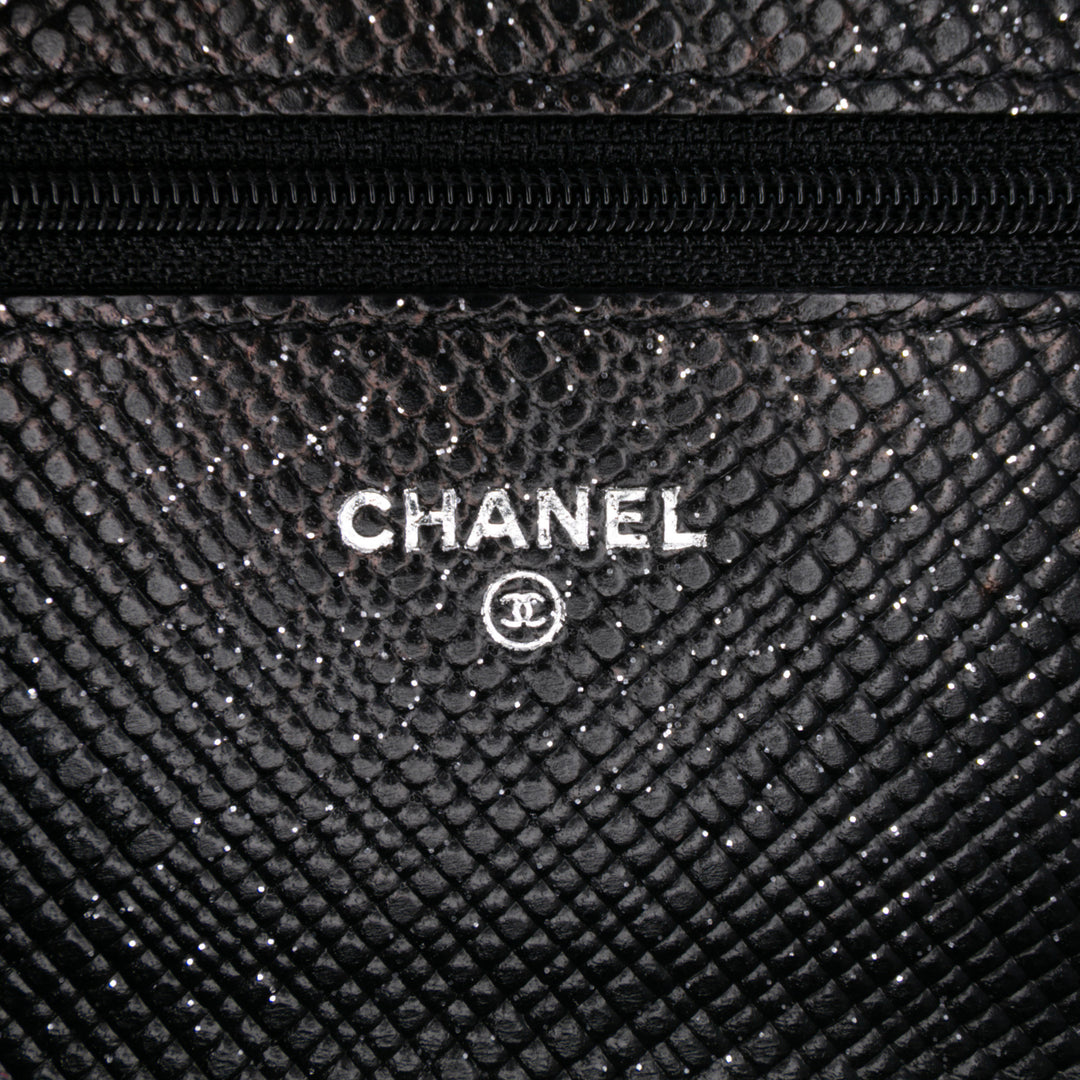 CC Quilted Glittered Calfskin Wallet On Chain Black - Gaby Paris